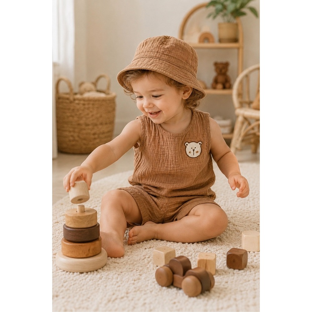 Bearpaw Kids 3 Piece Outfit Set 4T Muslin Tank Shorts Hat Bear Patch Toddler